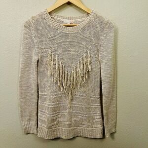 GP Beige Fringe Accent Knit Sweater Tassels Boho Festival Hippie Western Size S